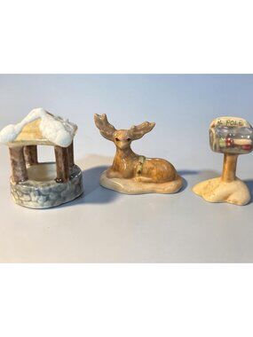 Vintage Ceramic Christmas Figurines Set - Snow-Covered Well Reindeer Mailbox